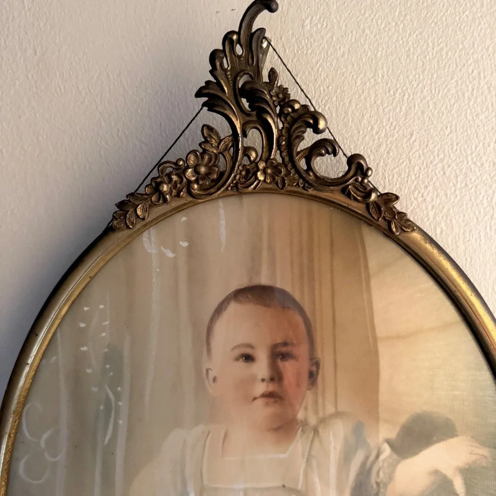 Antique Oval Bubble Glass Ornate Metal Frame Hand Colored Child Portrait Vintage